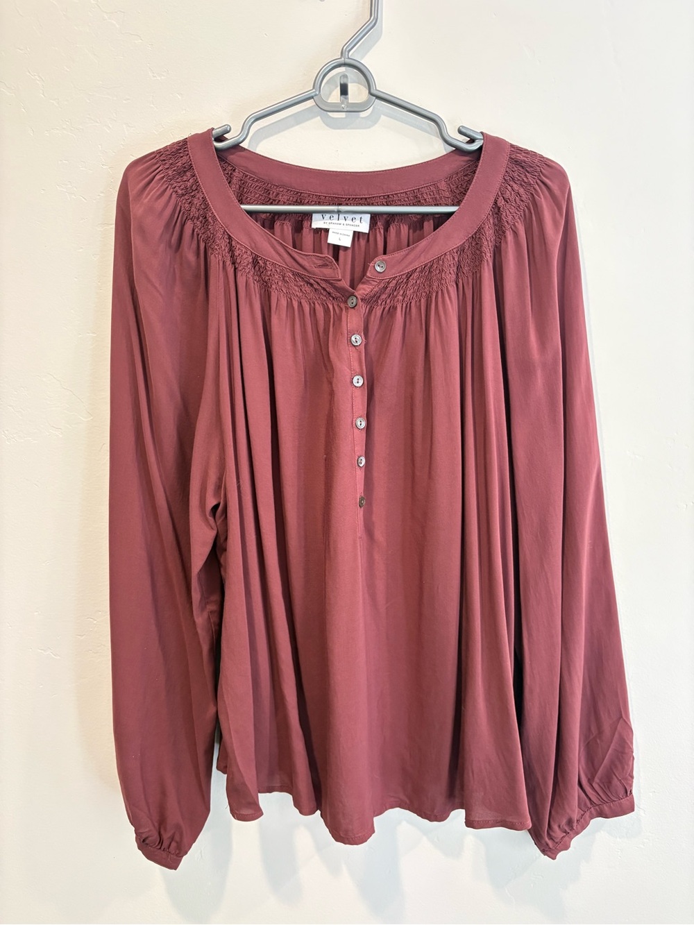 Velvet by Graham & Spencer Wine Red Smocked Yoke Blouse